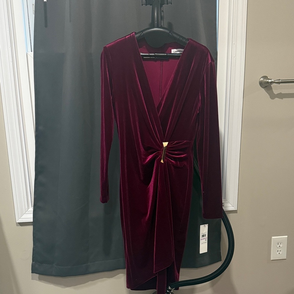 Calvin Klein Deep Red Velvet Long Sleeve Dress